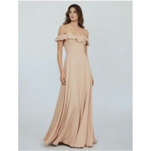 Reformation Champagne Ruffled Off the Shoulder Maxi Gown Dress Size 6p